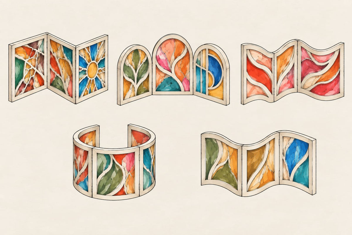 Stained Stories: five stained-glass-style folding panel designs